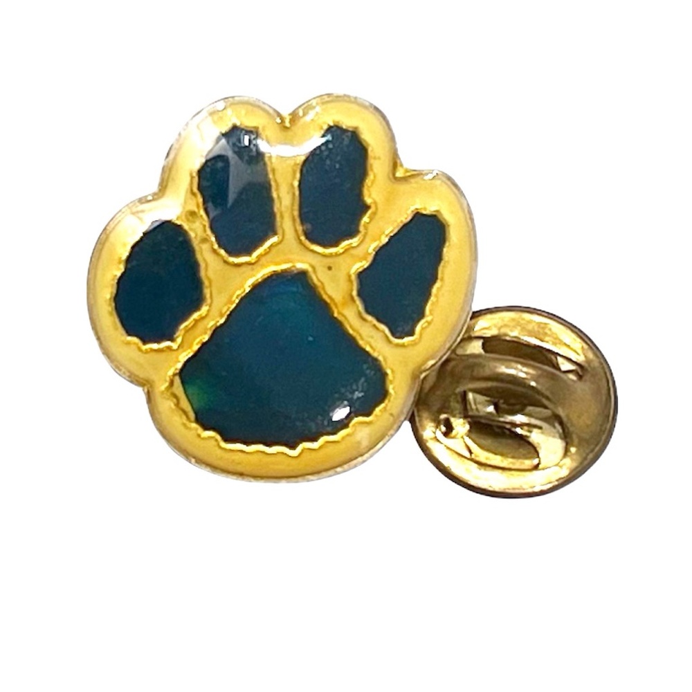 VINTAGE 1989 FUNDWARES PAW PRINT ENAMEL LAPEL HAT PIN YELLOW & BLUE #1